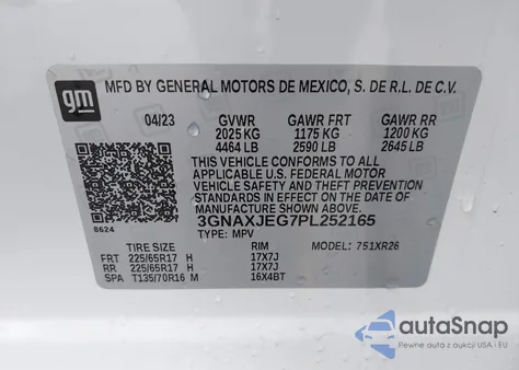 2023 Chevrolet Equinox Fwd 2Fl z USA, uszkodzony, nr VIN 3GNAXJEG7PL252165